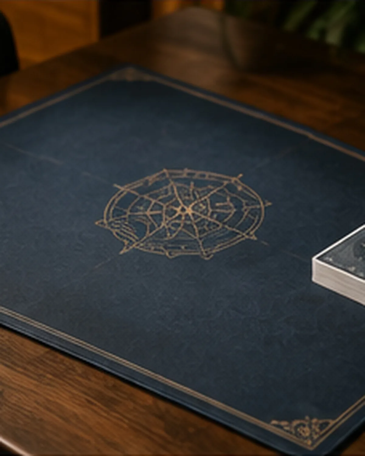 A navy printed table mat on wood, a gold compass rose at its center and a deck resting on one edge