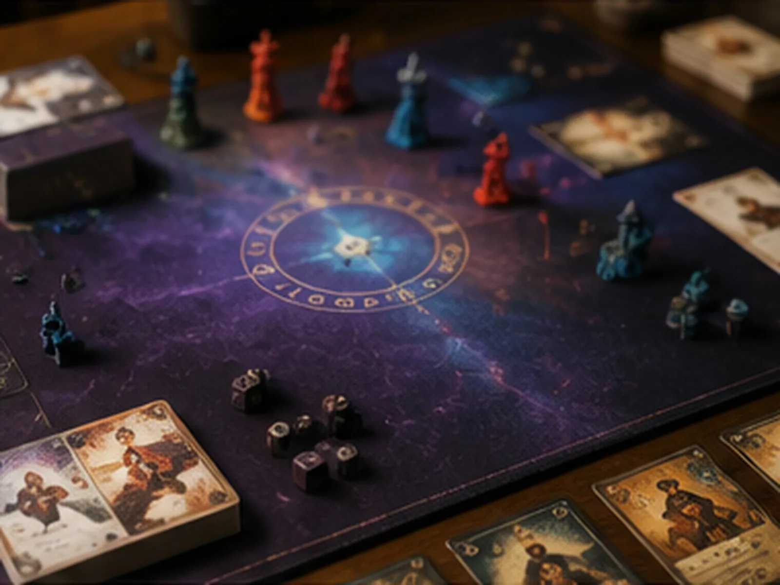 A deep purple mat in use on a table, pieces, dice and cards laid out across the printed surface