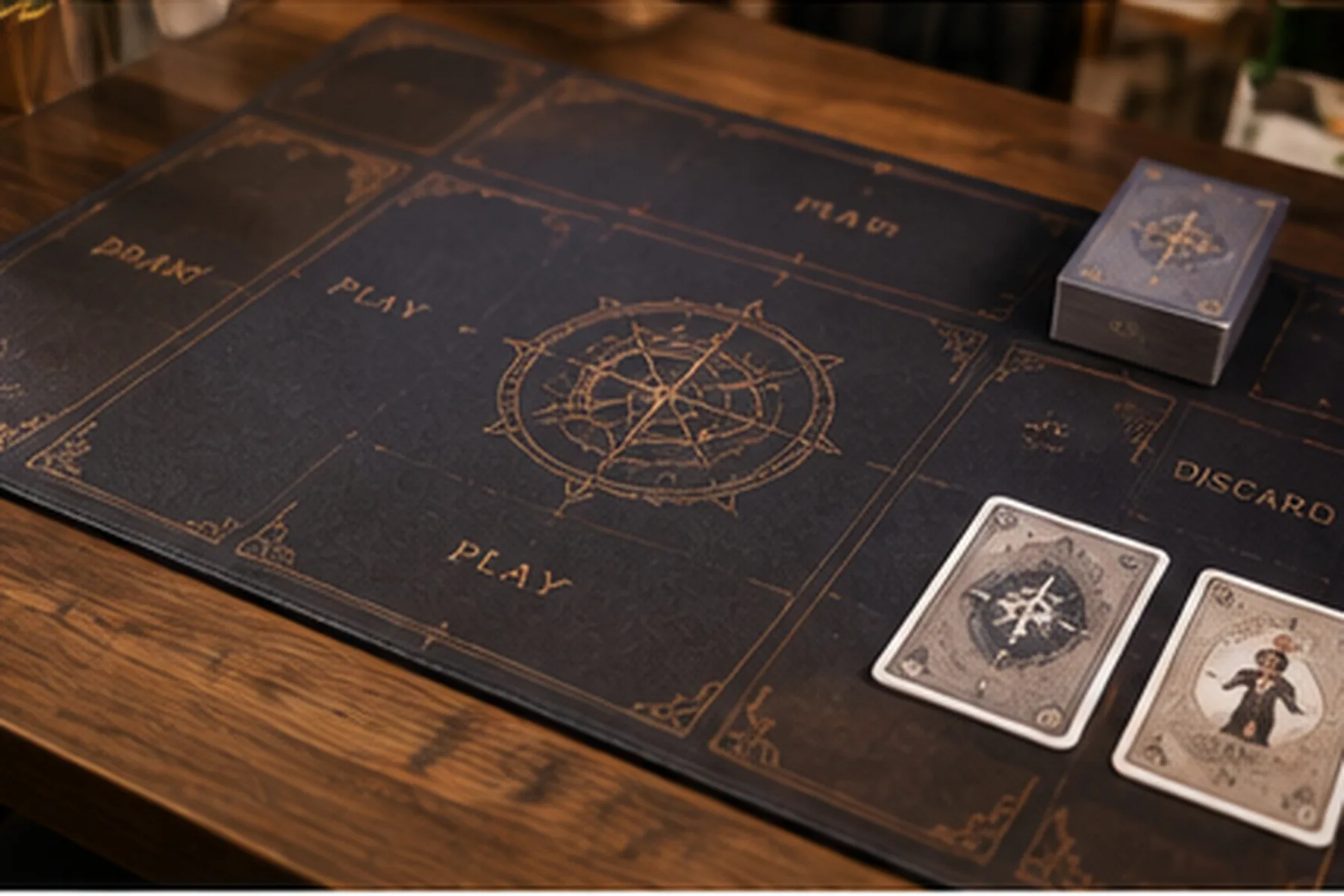 A full printed play area on a table, draw, play and discard zones marked in gold with a deck and two cards in place
