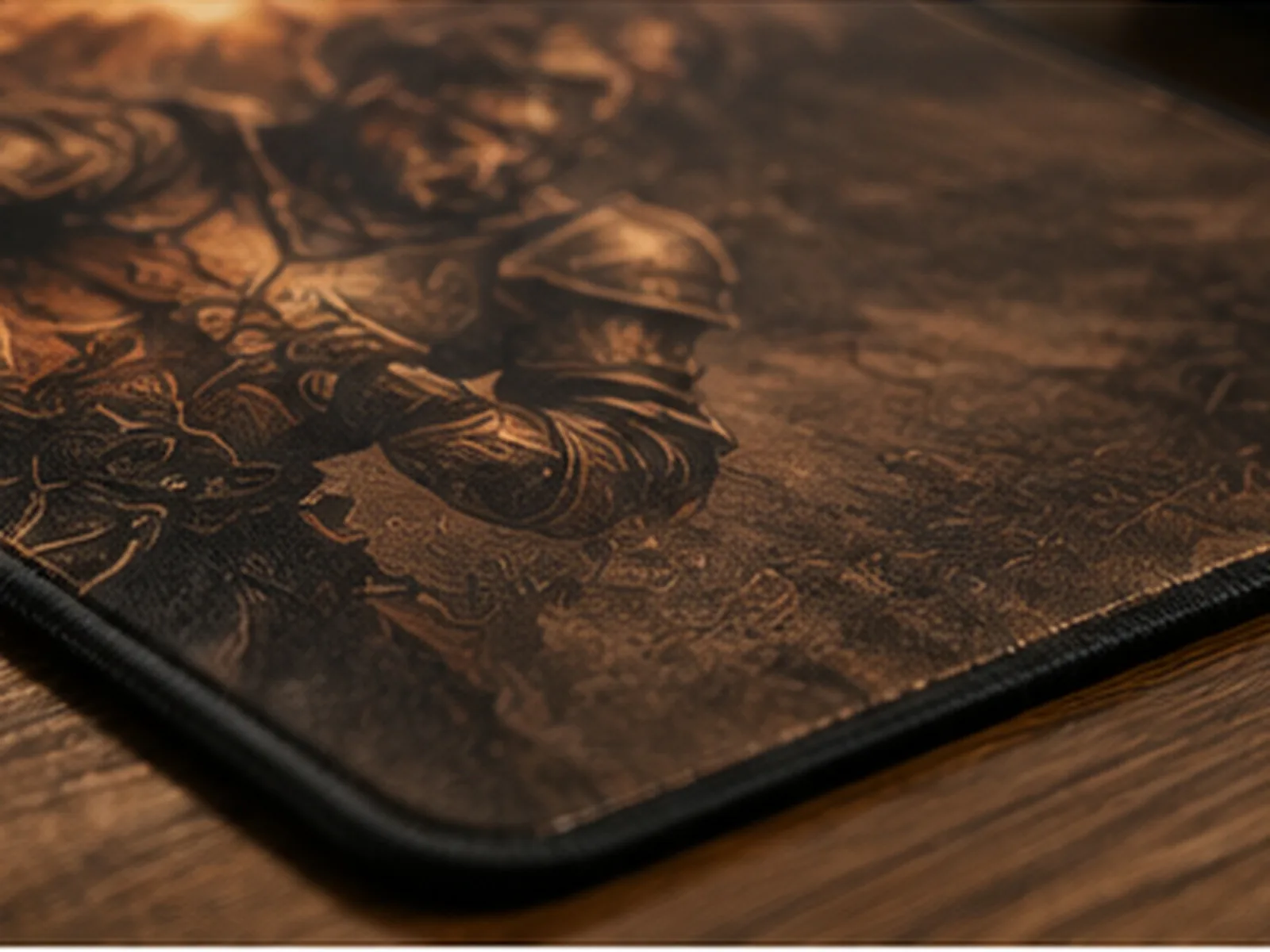A bronze mat printed with an armored figure, the line work holding at close range