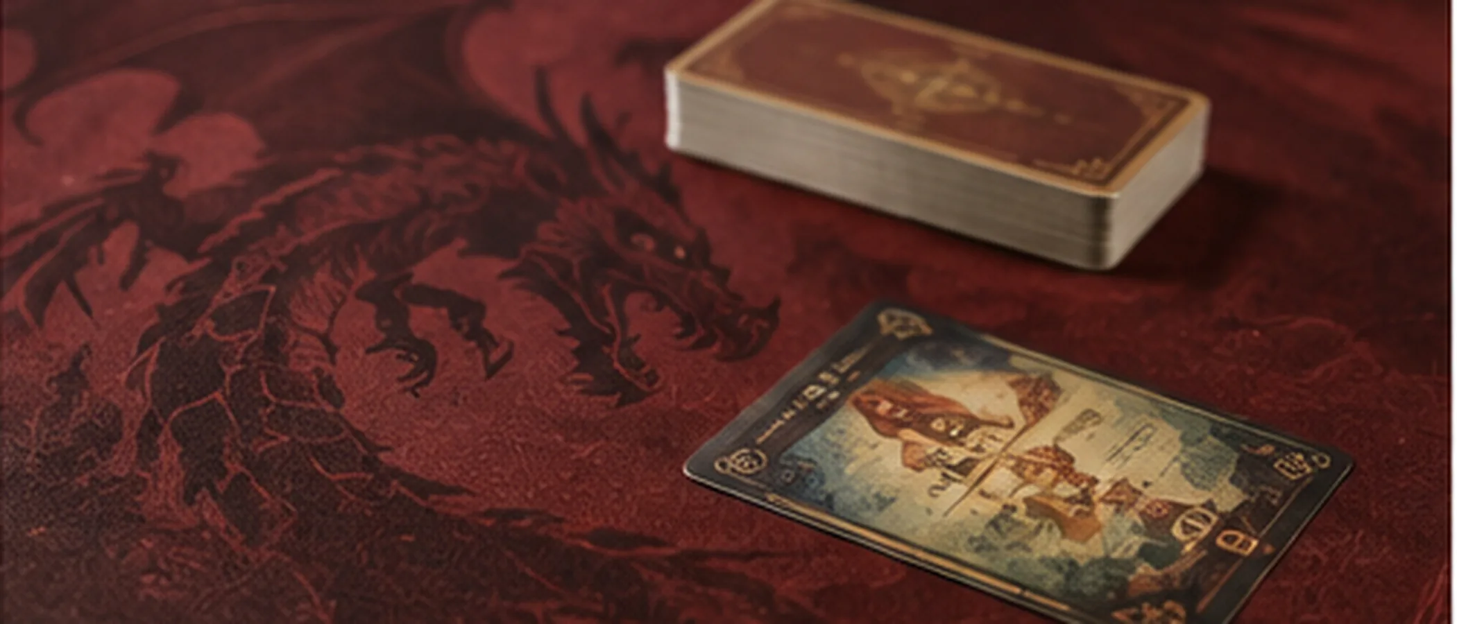 A deep red mat printed with a dragon, a deck squared at one edge and a single card face up beside it