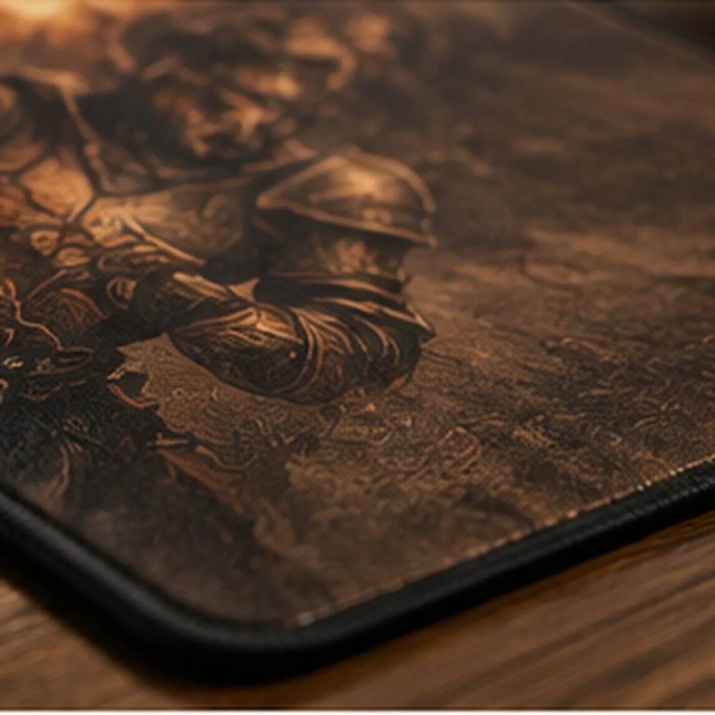 A bronze printed mat at close range, the woven surface texture and the stitched edge both in focus
