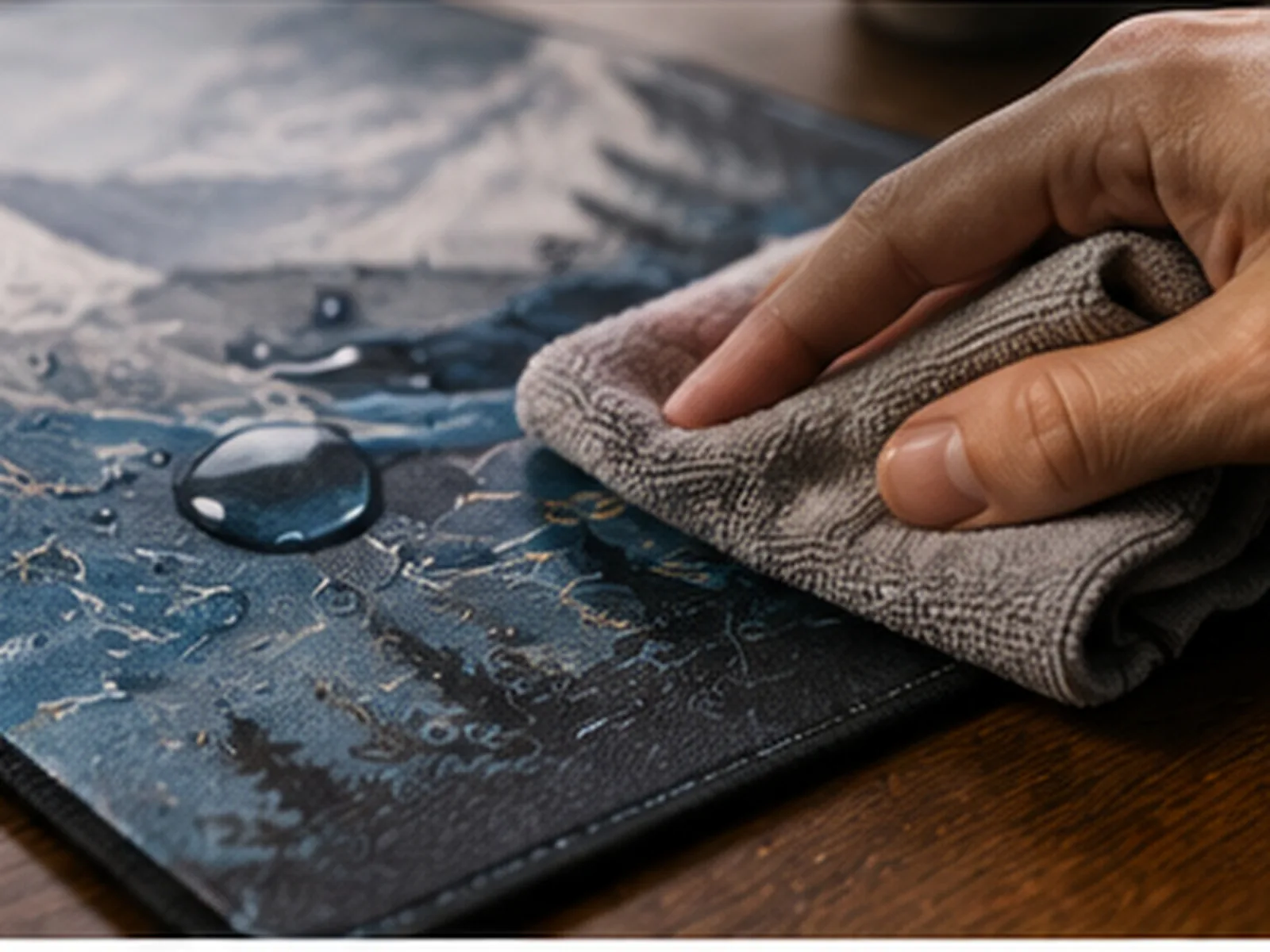 A hand drawing a cloth across a printed mat, water beading on the surface ahead of it