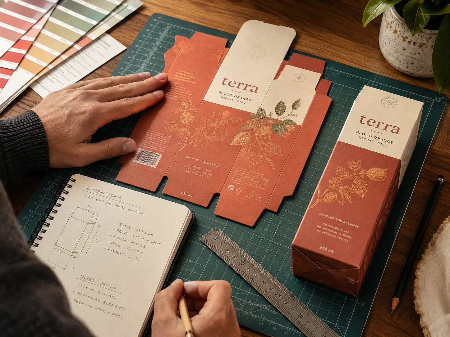 A printed beverage carton blank laid out flat on a cutting mat beside the folded carton it makes, a color guide fanned out along the top of the bench and an open notebook of pencilled dimensions at the foot.