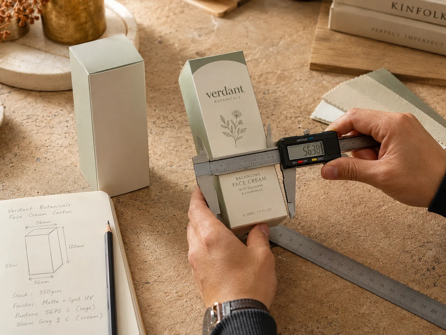 A cream and sage face cream carton held under a digital caliper reading 56.38 millimeters, an open notebook beside it carrying the pencilled dimensions, board weight and Pantone references for the same carton.