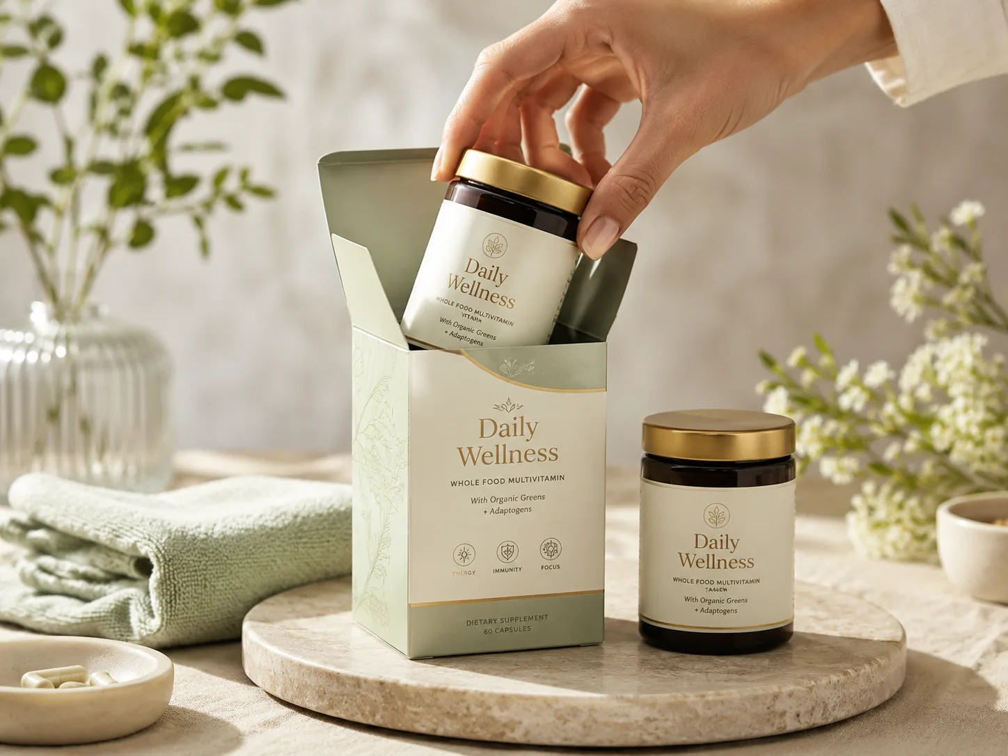 A cream and sage supplement carton on a stone tray, a tonal botanical catching the light against the flat panel beside it