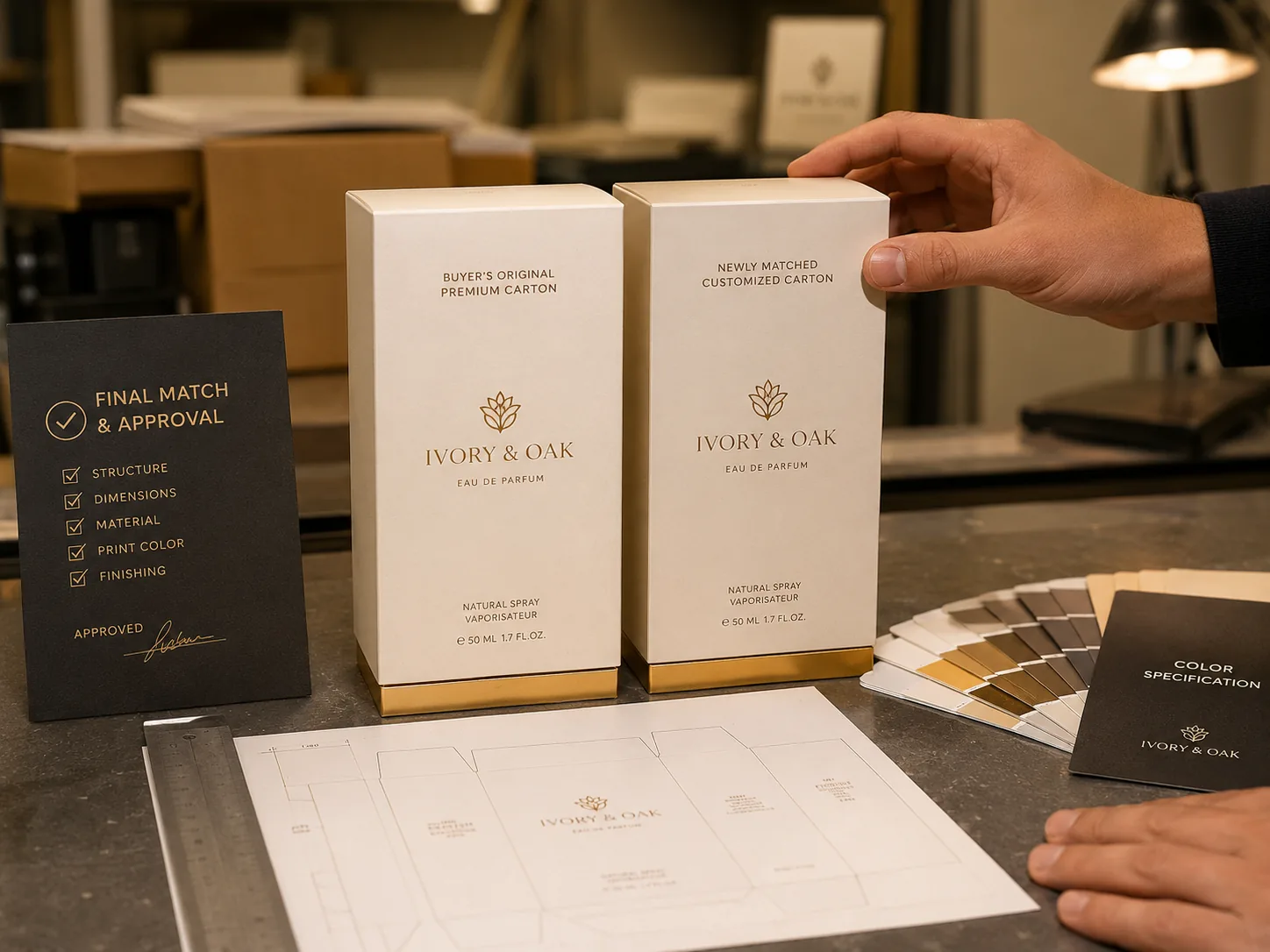 A buyer’s own cream and gold perfume carton standing beside the matched carton made from it, the two labeled as original and match, a signed approval card listing structure, dimensions, material, print color and finishing at the left and the dieline for the pack laid out in front of them.