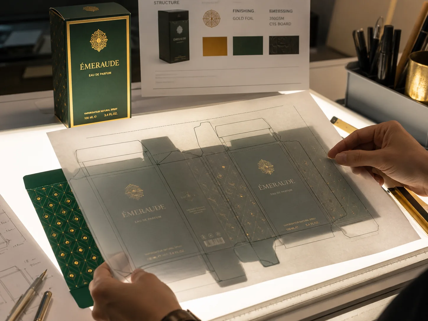 A dieline drawn on a transparent sheet held over the printed artwork for the same carton on a lit light table, the finished green and gold perfume carton standing behind it beside its specification board.