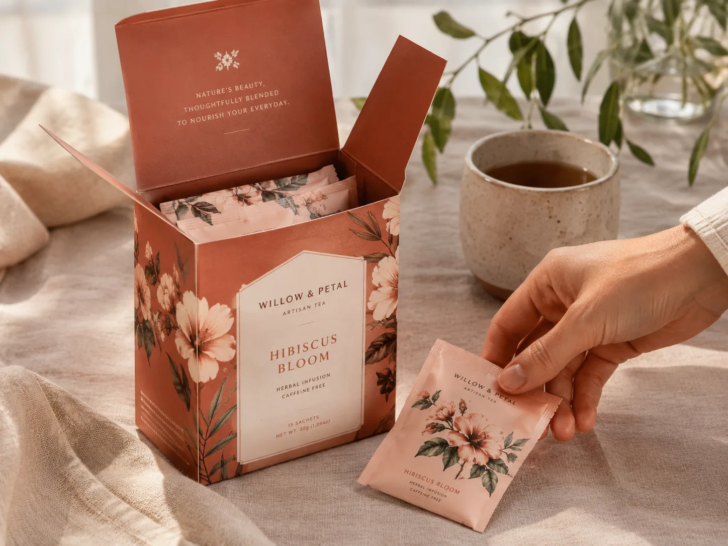 A terracotta herbal tea carton open on linen, the inside of the lid printed with the brand line, printed sachets standing in the carton and one held beside it.