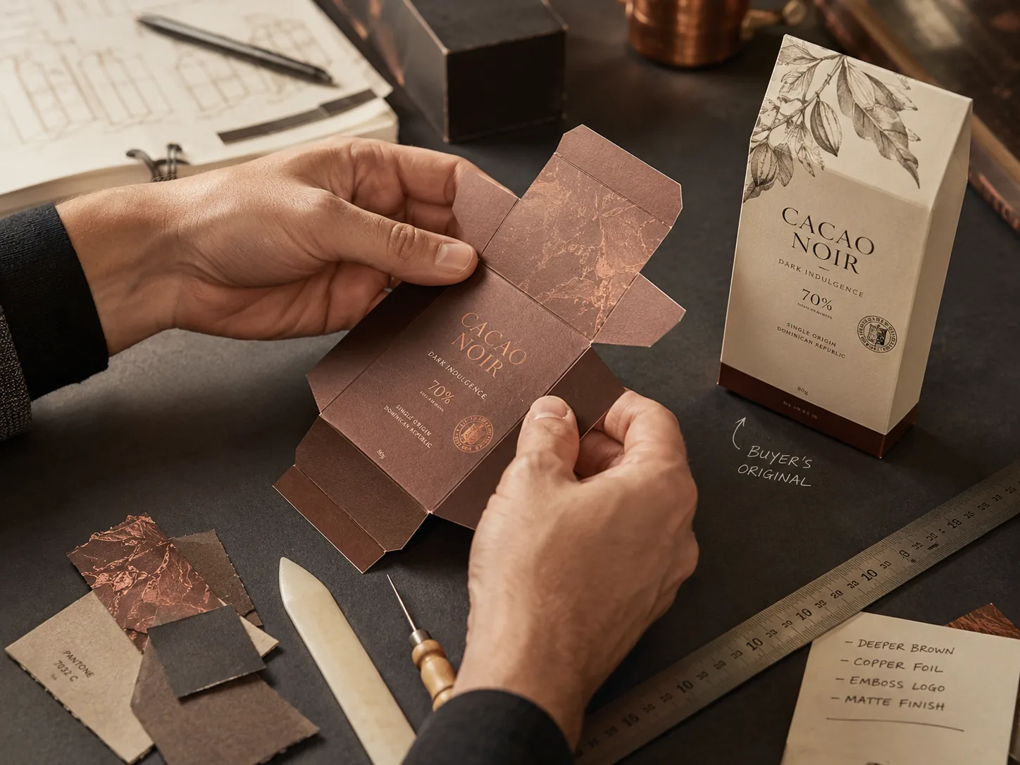 Two hands folding up a copper foiled prototype carton cut from the specified board, the buyer’s own printed pack standing beside it at the same size, Pantone chips and a bone folder on the bench.