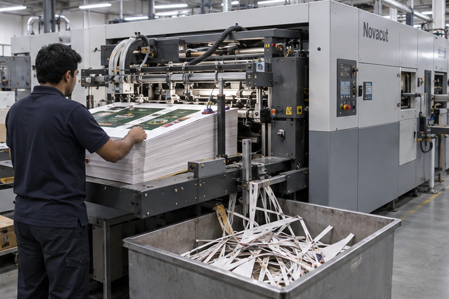 The die cutter mid-run from the feeder end, an operator squaring a lot of printed sheets on the feed board and the stripped waste falling into a steel bin under the machine.