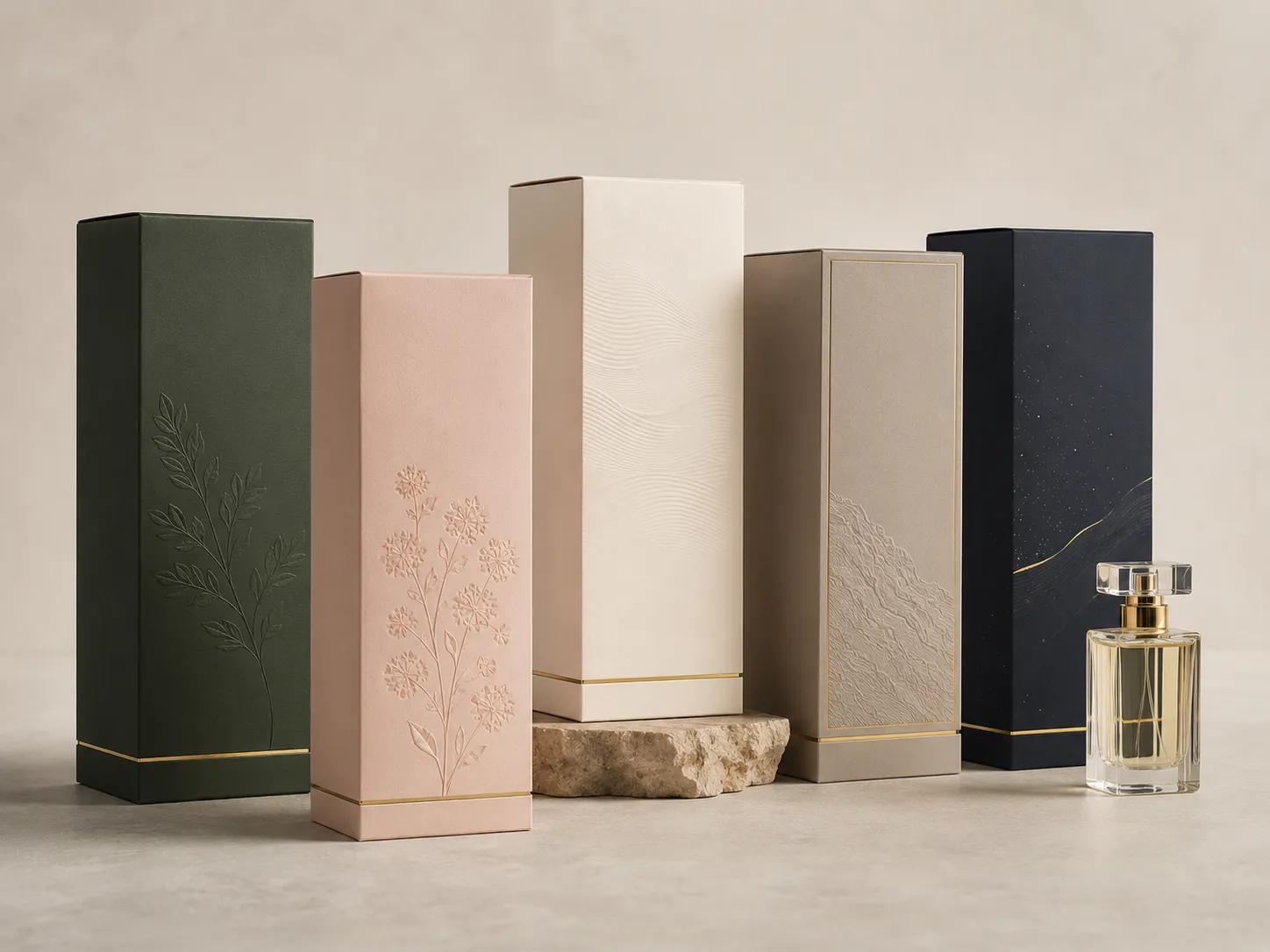 A row of perfume cartons standing with their bottles under directional light