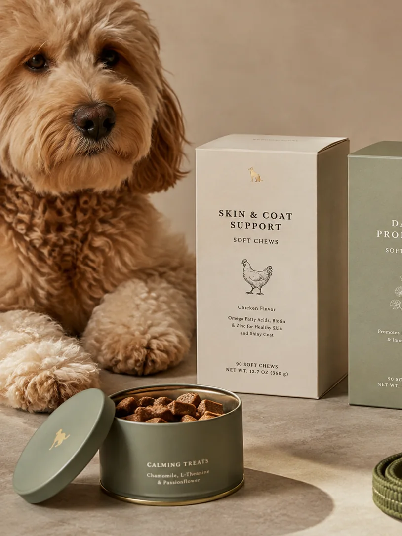Pet supplement cartons standing beside a dog, three chew formats in one livery