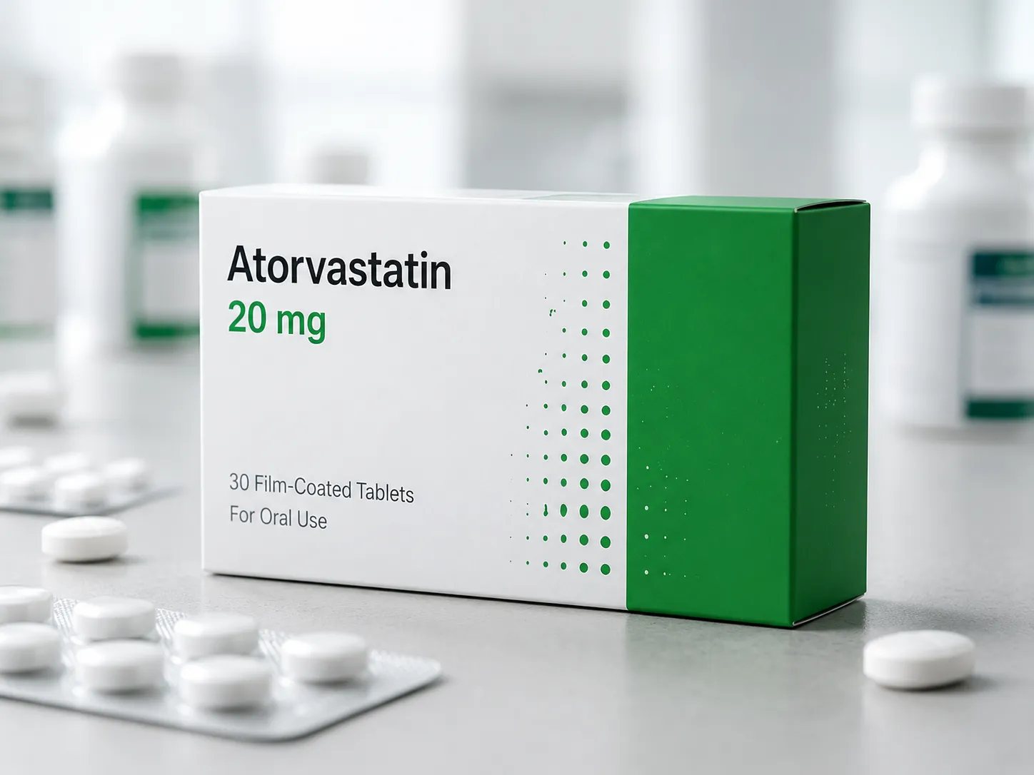 Pharmaceutical carton standing beside a blister strip, regulatory panel facing the camera