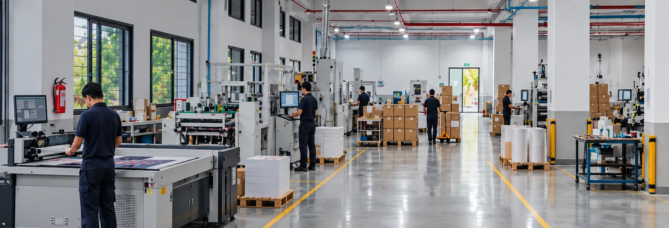 The plant floor down its main aisle, operators at the cutting tables and machines with palletized cartons stacked beyond