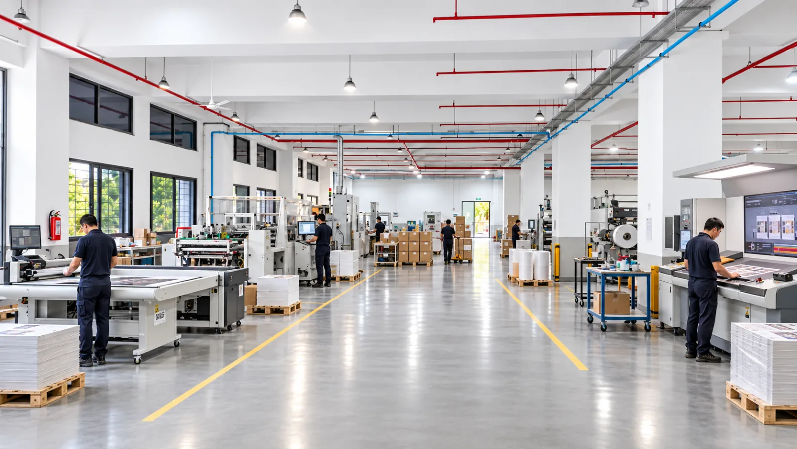 The converting hall seen down its center aisle, machines on both sides and pallets of printed sheets waiting between them.