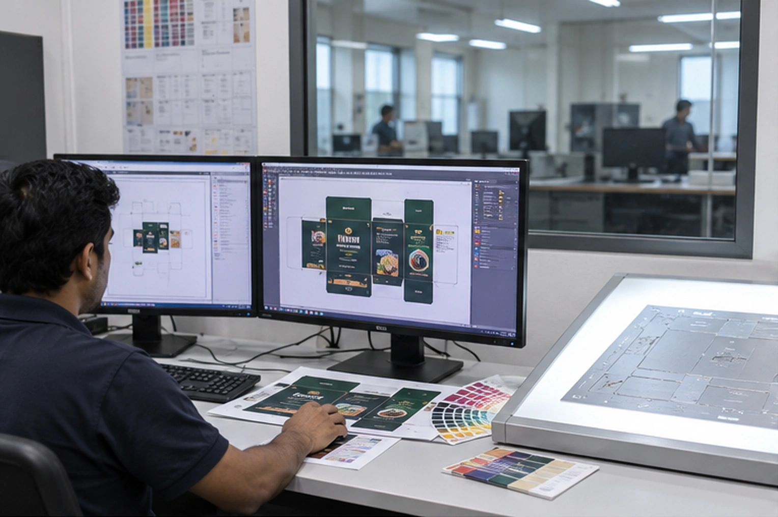 A prepress operator at two calibrated monitors with a carton flat open on screen, the printed proof and a shade fan on the desk, and a plate on the light table beside it.