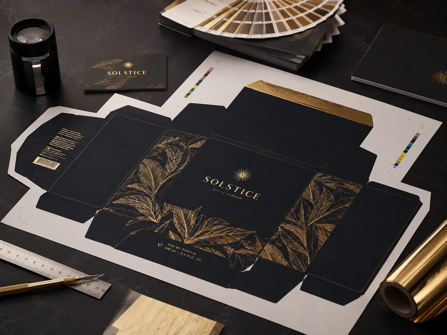 A flat carton dieline laid out at prepress, cut lines and crease lines drawn across the blank