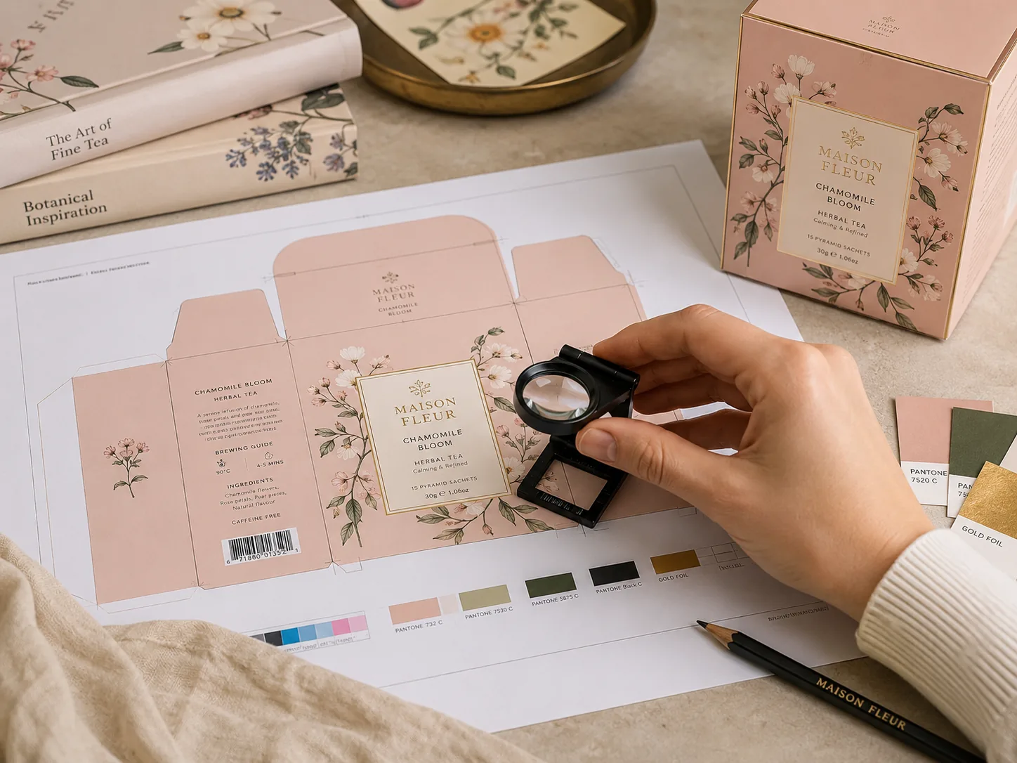 A hand holding a loupe over a printed flat proof of a pink floral tea carton, the folded carton and color chips beside it.