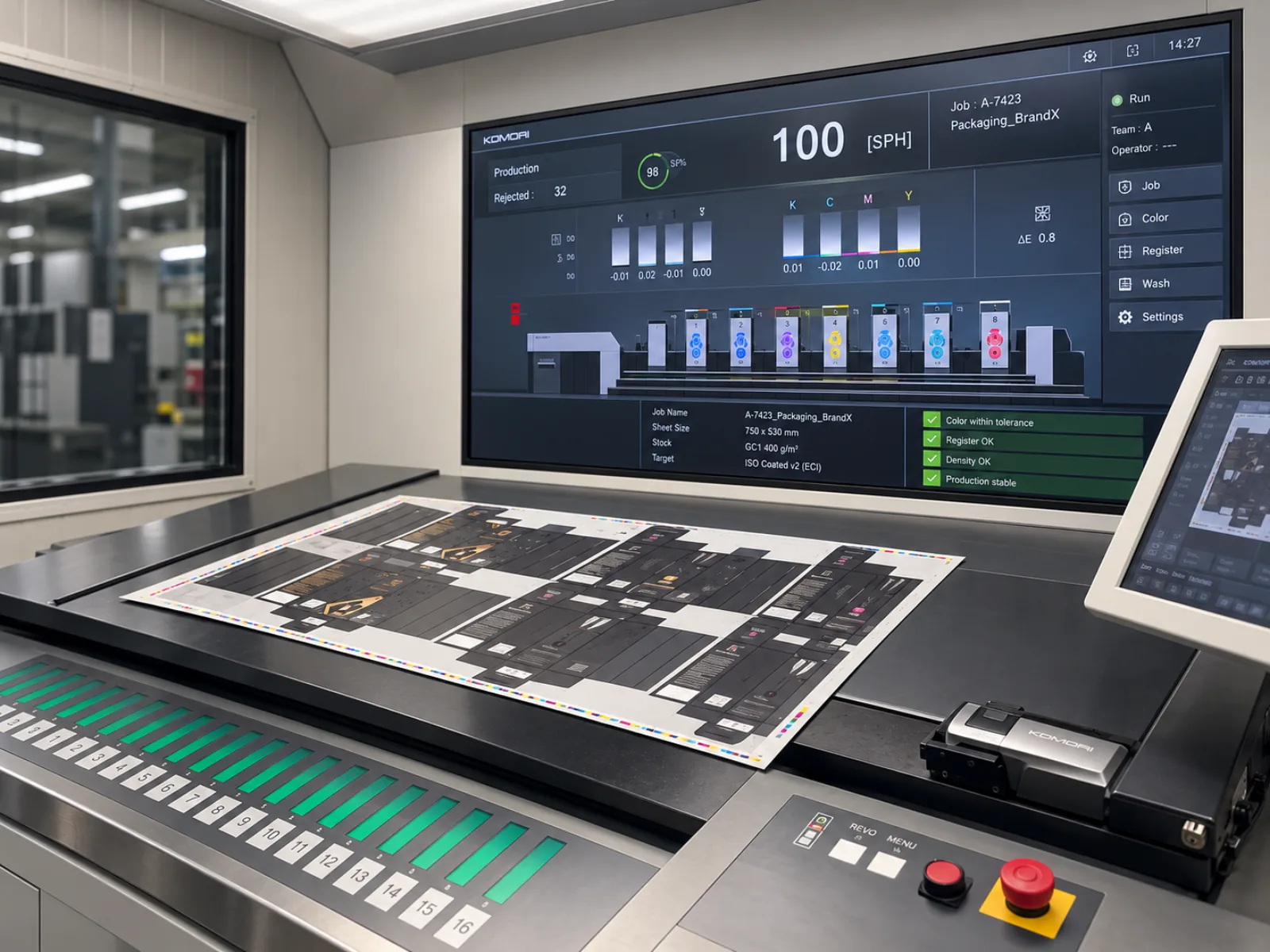 The Komori console with a printed press sheet laid across it, the screen above reading color within tolerance, register OK and density OK