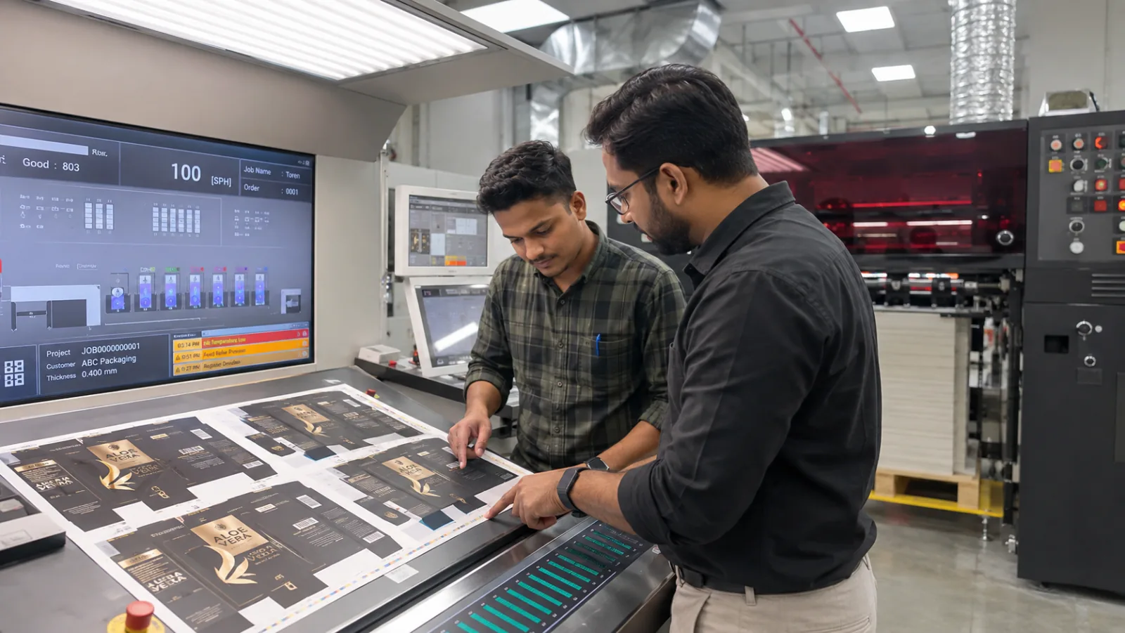 Two press operators at the console beside the job screen, carton press sheets laid across the light table with several carton fronts imposed on each, one of them pointing to a panel and the press delivery behind.