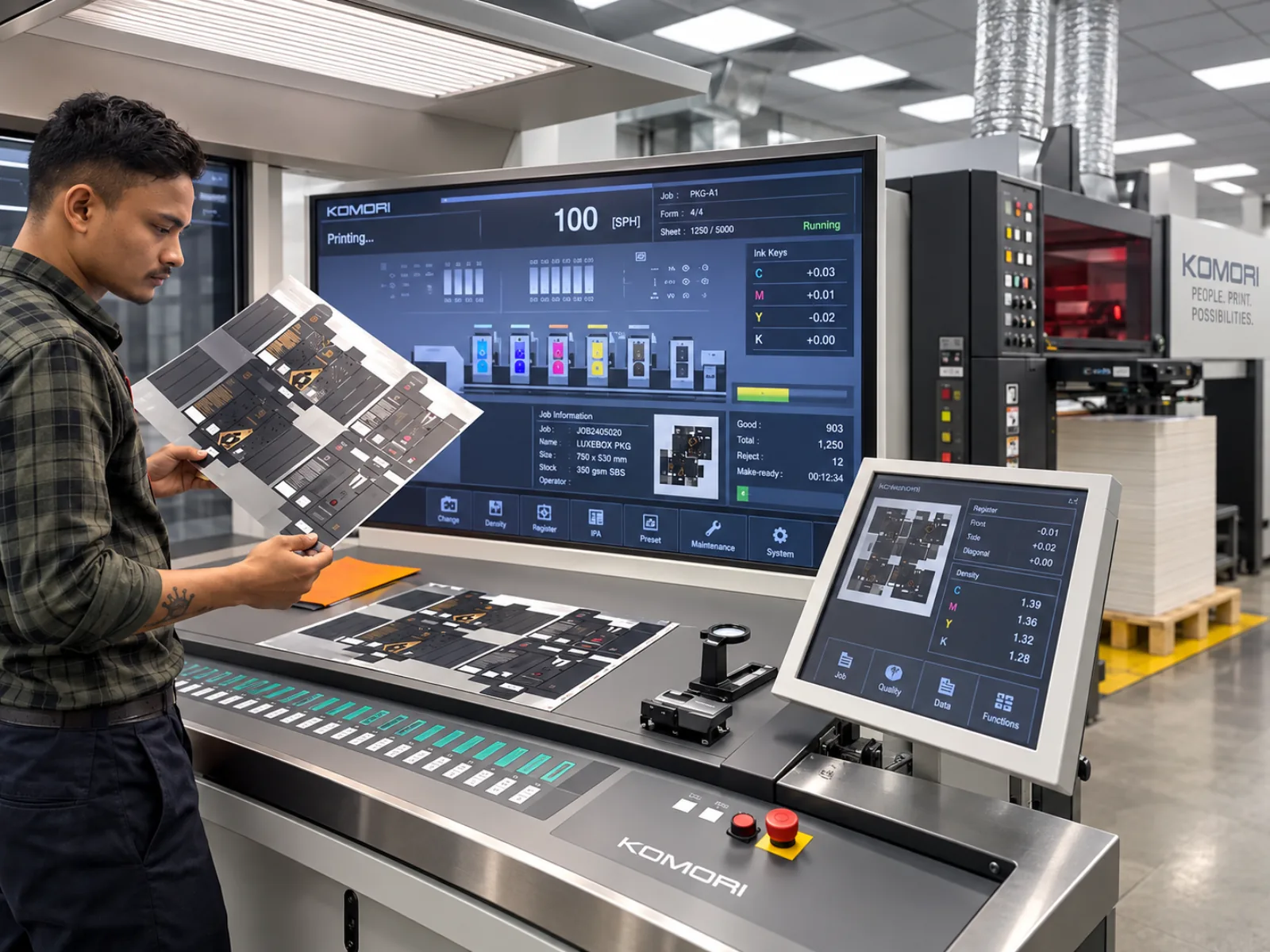 A press operator at the Komori console holding a printed sheet up for inspection, the ink key and density readouts on the screen above the console.