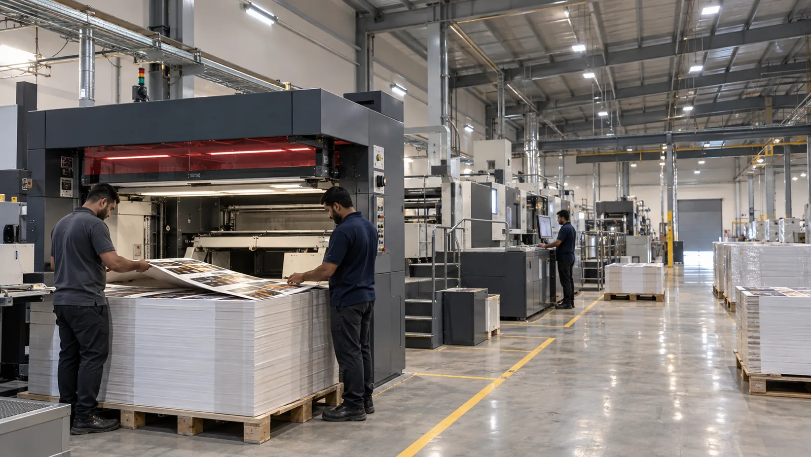 The press hall from the delivery end, two operators drawing a printed sheet off the top of a landed pile to check it, the press standing behind them with its curing hood lit and the floor running clear down the hall past a second operator at a console.