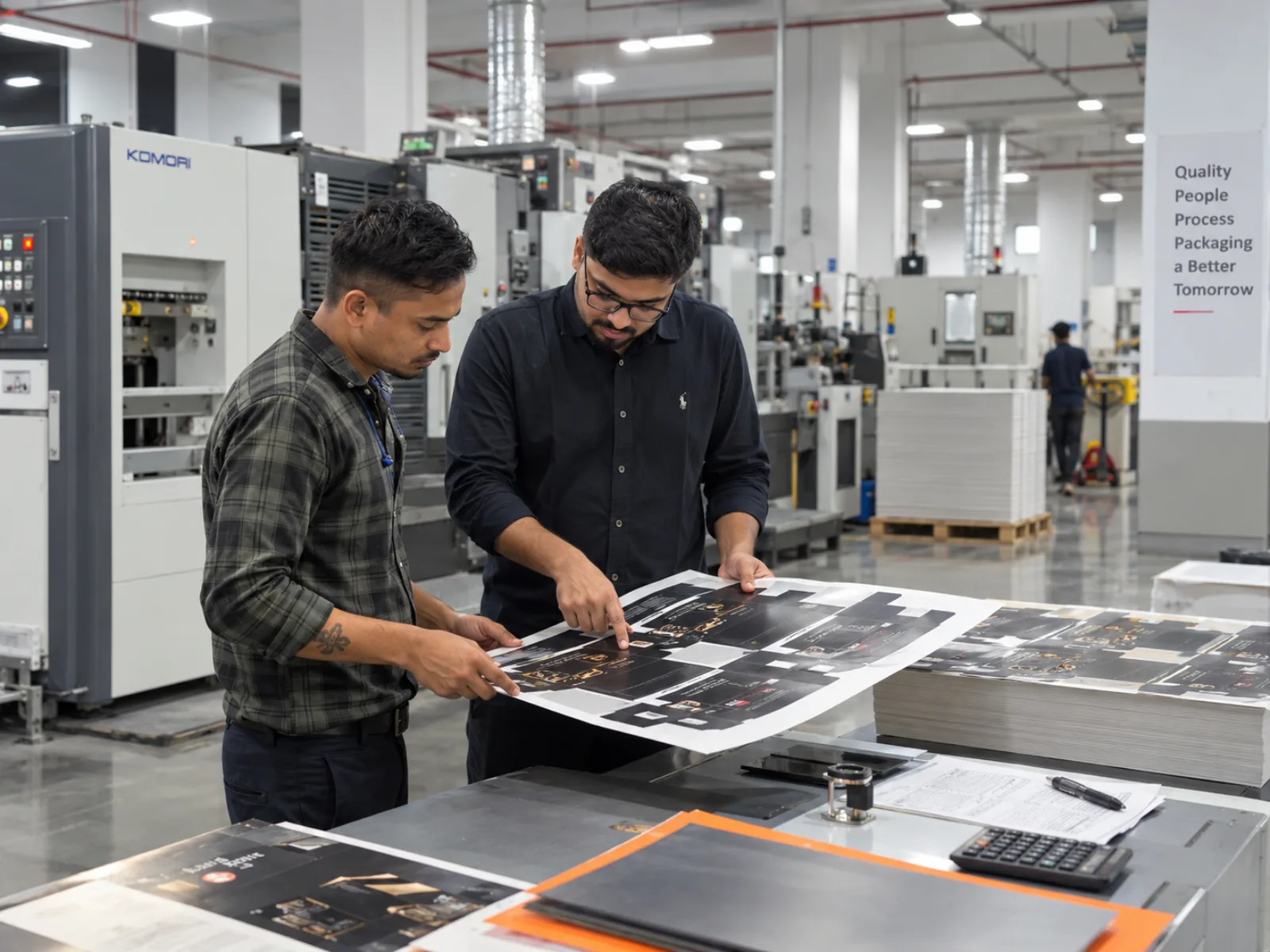 Two members of the print team holding a printed carton sheet open at the delivery end of the press, checking it against the approved proof, with the press hall and stacked sheets behind them.