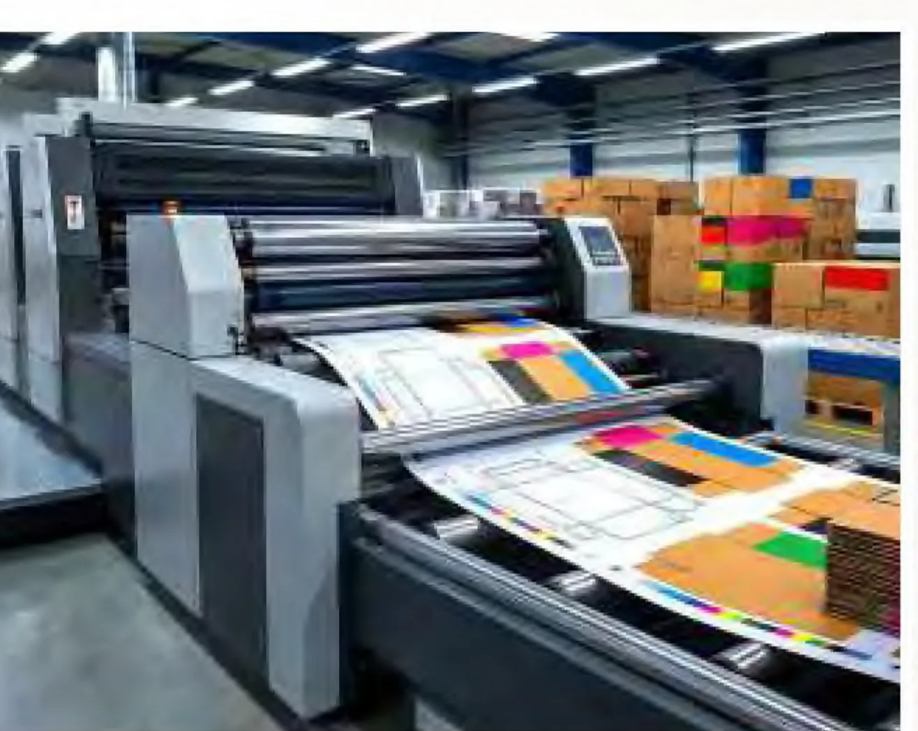 Printed sheets landing at the delivery end of the press, color bars visible on the trailing edge