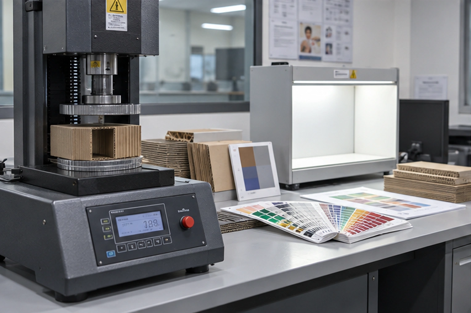 The laboratory bench inside the plant: a compression tester closing on a carton with its load reading on the panel below it
