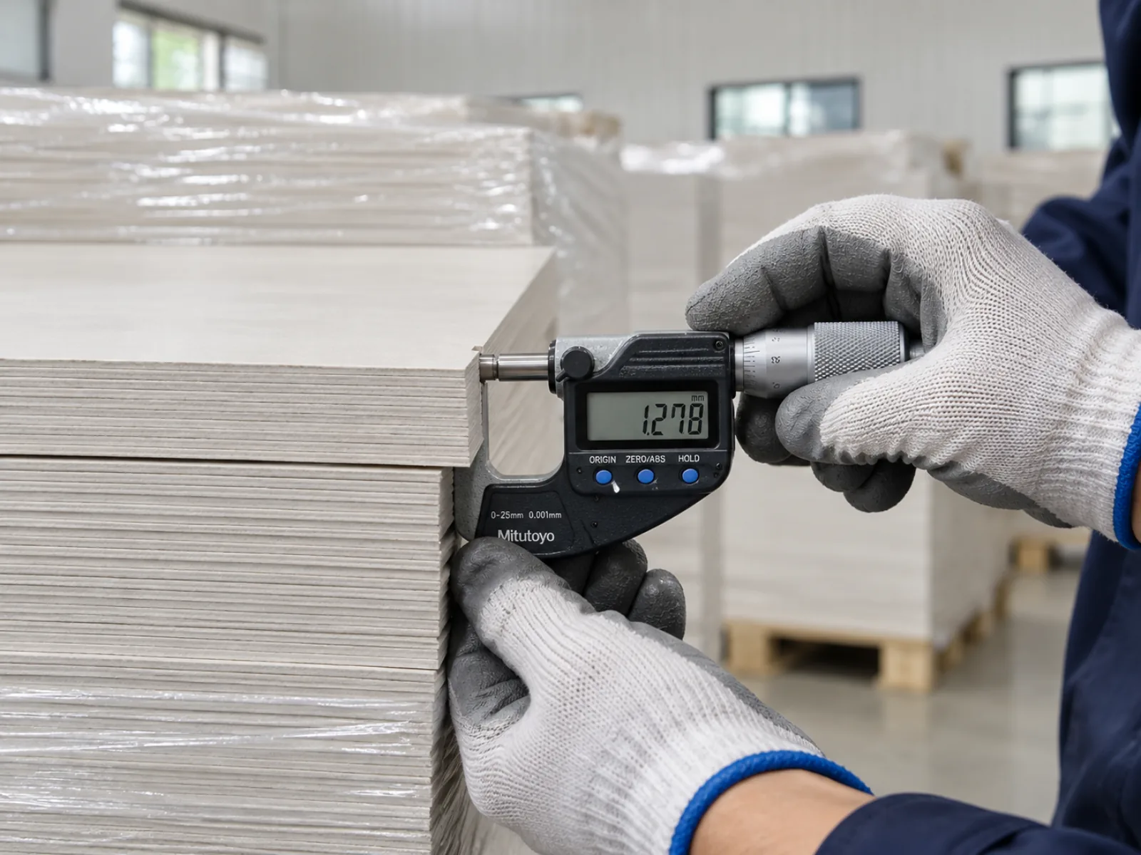 A micrometer closed on the edge of a stack of board at goods-in, the caliper reading on its display, with wrapped pallets of the same board standing behind.