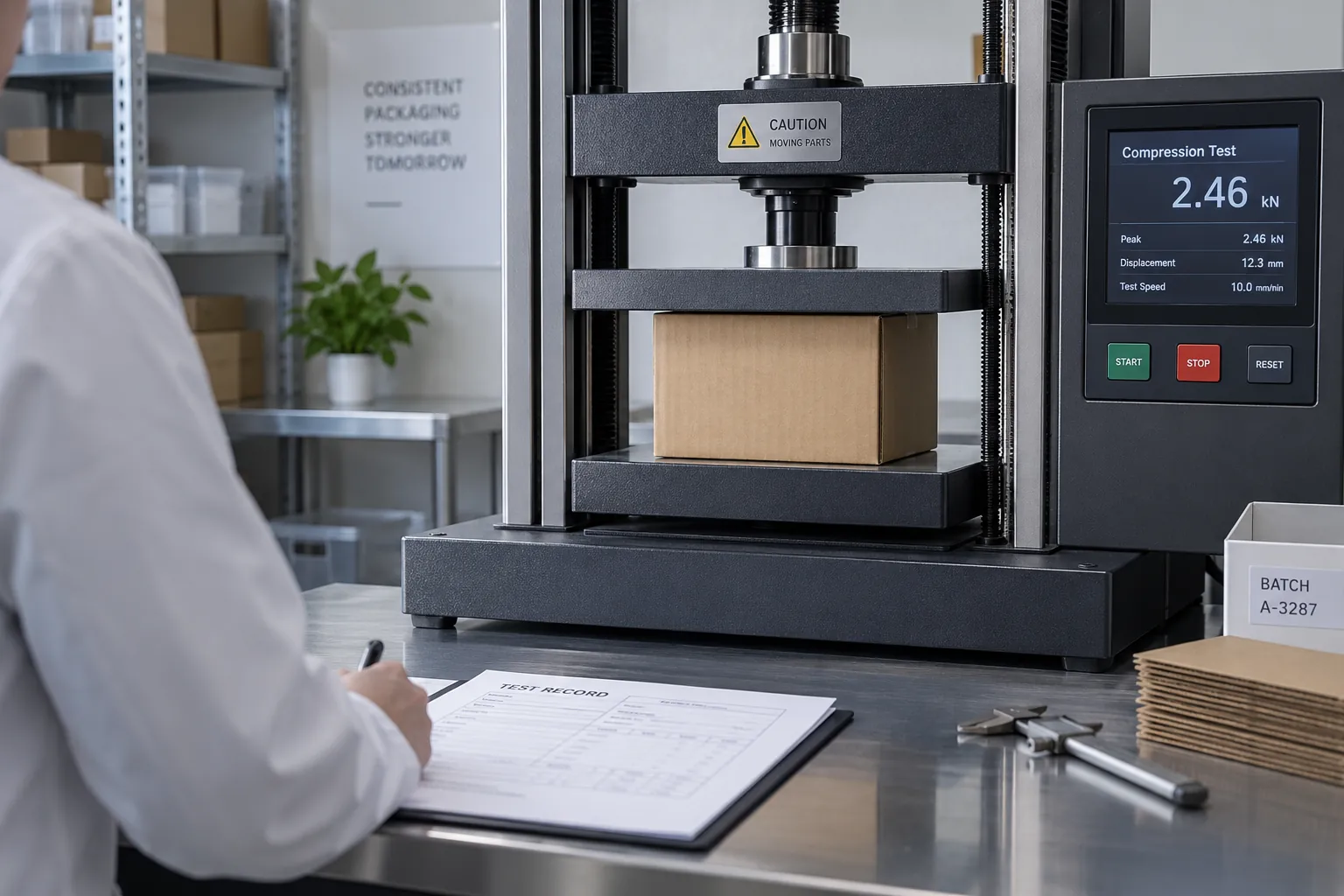 A carton under the platen of a box compression tester with the load reading on the console beside it, a technician writing the figure onto a test record on the bench.