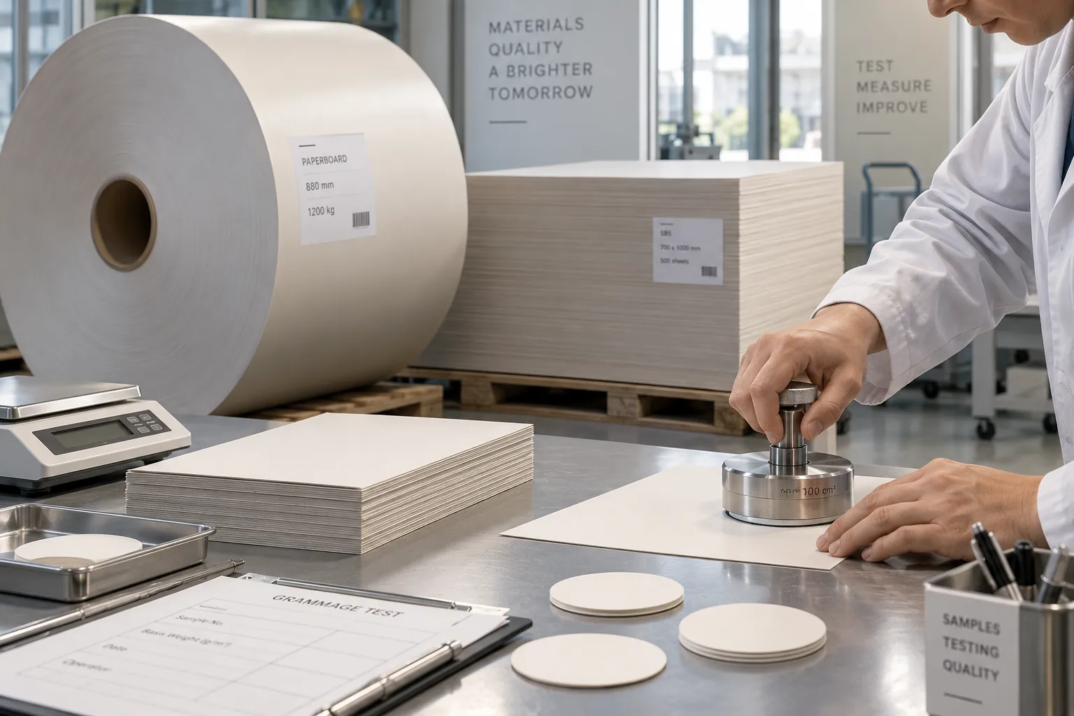 A technician cutting a grammage sample from board at the goods-in bench, a scale and cut sample discs beside a test record on a clipboard, and a reel of board behind