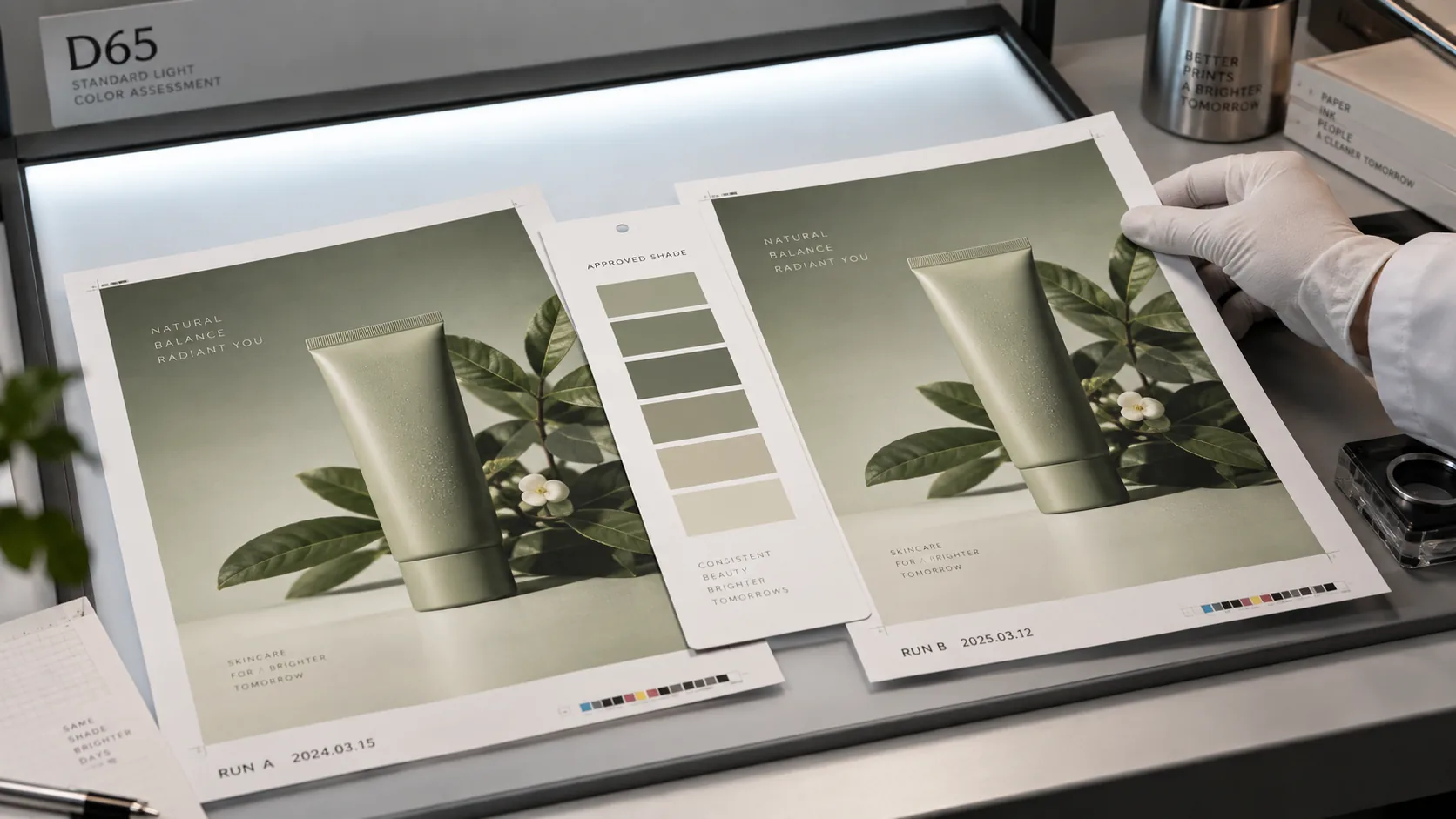 Two printed sheets from runs a year apart laid overlapping under a D65 light box, the approved shade card standing between them and a gloved hand holding the second sheet down.