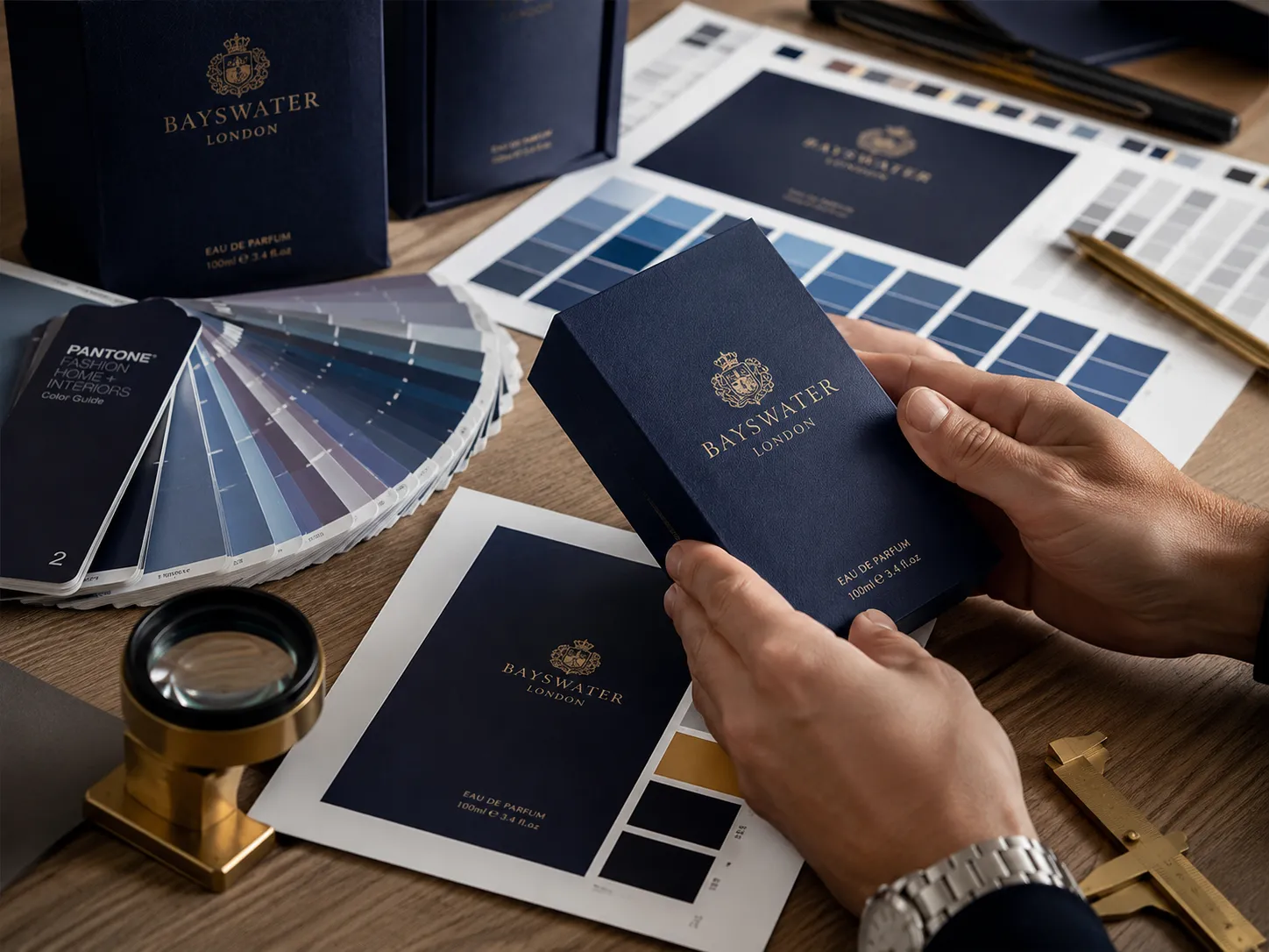 Hands holding a navy carton against a printed proof sheet on a bench, a Pantone fan, a loupe and calipers laid out beside them