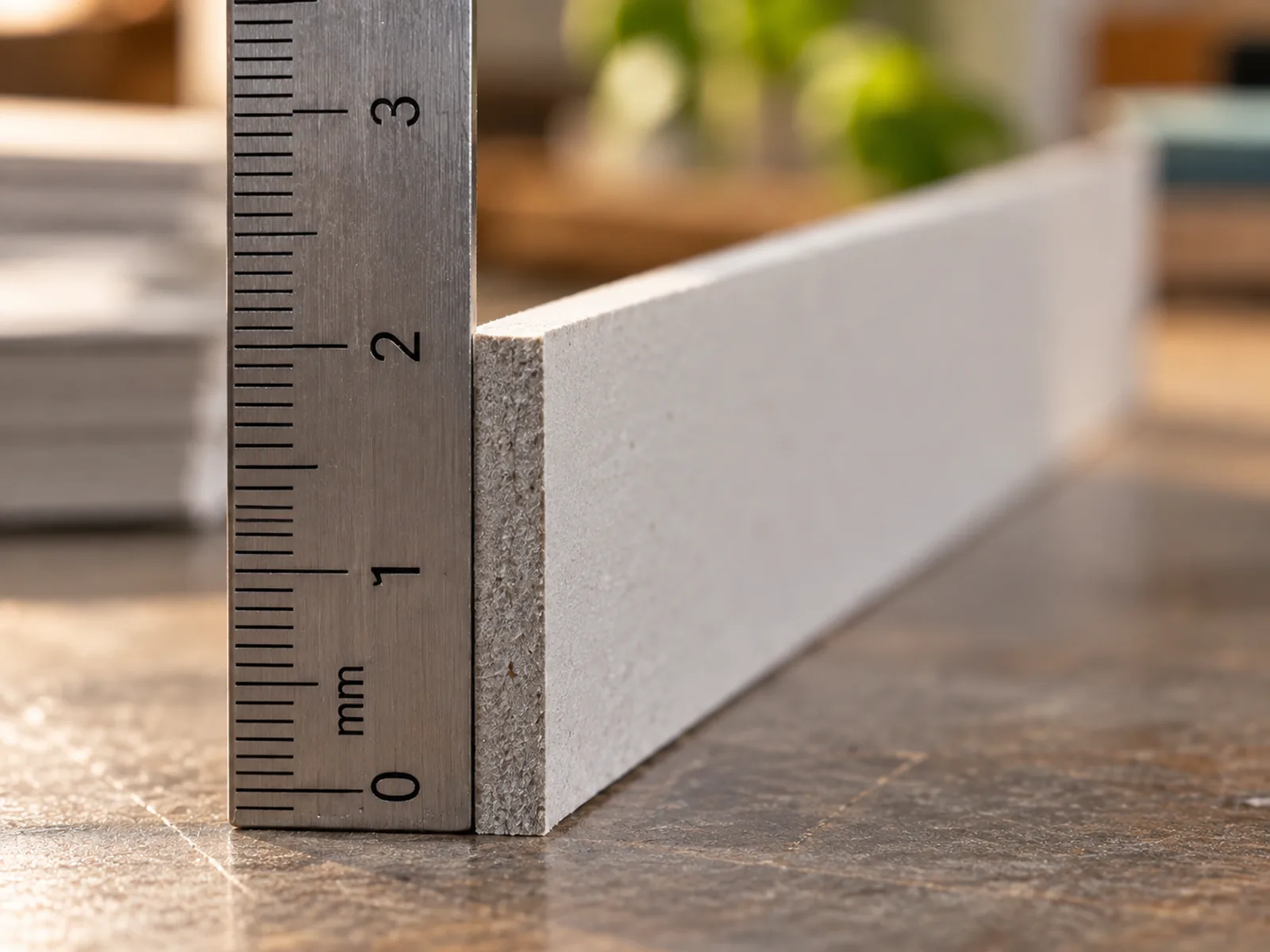 A single sheet of chipboard standing on its cut edge beside a steel millimetre rule on a bench, the cut edge a fine uniform gray fiber and the face of the sheet white