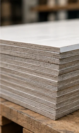 A stack of gray board sheets on a wooden pallet with their cut edges to camera, each sheet a thin white liner over a gray fiber core