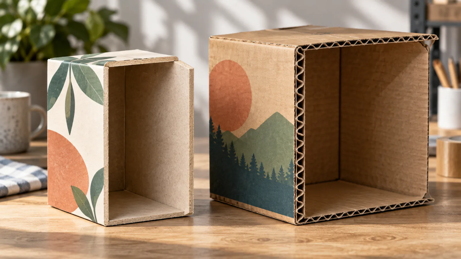 A printed chipboard carton and a printed corrugated case standing open side by side on a wooden bench, the single solid sheet of the carton wall beside the fluted layer between two liners of the case