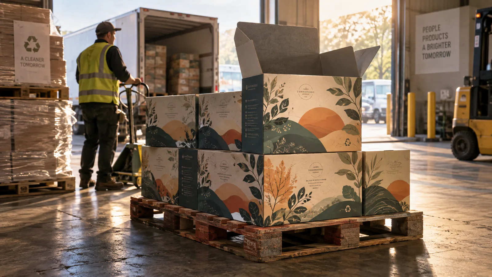 Printed recycled board cartons stacked on a pallet in a despatch bay, the top carton open with its flaps up to show the gray reverse against the leaf and hill print outside