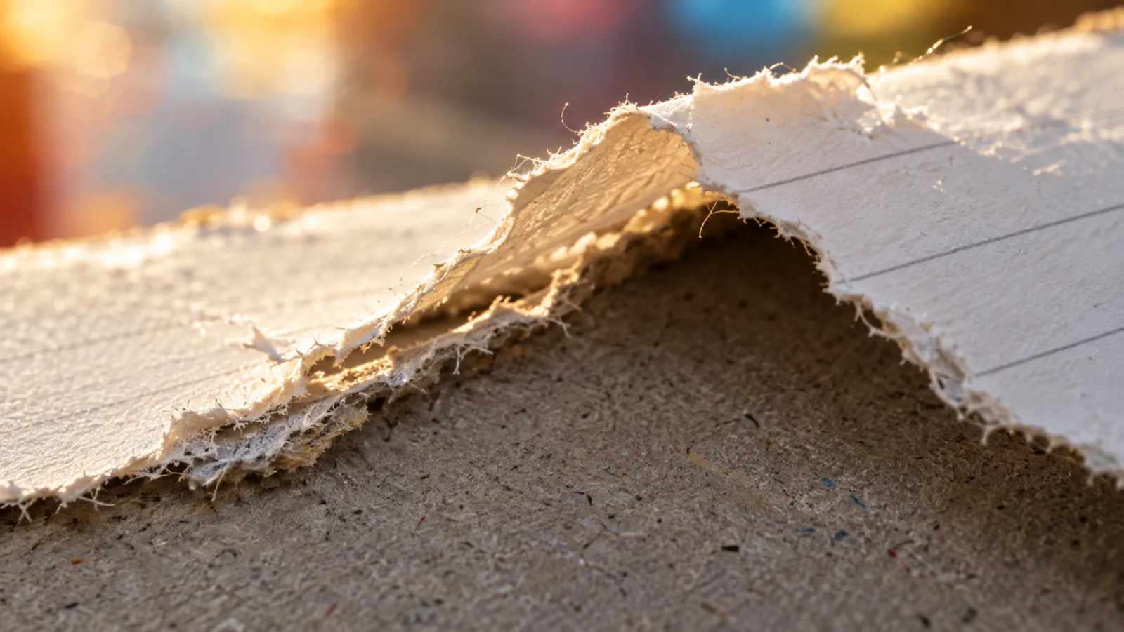 Macro of a recycled board sheet torn across, the white lined face lifting away in a ragged fibrous edge from the gray core beneath it, warm light raking along the tear