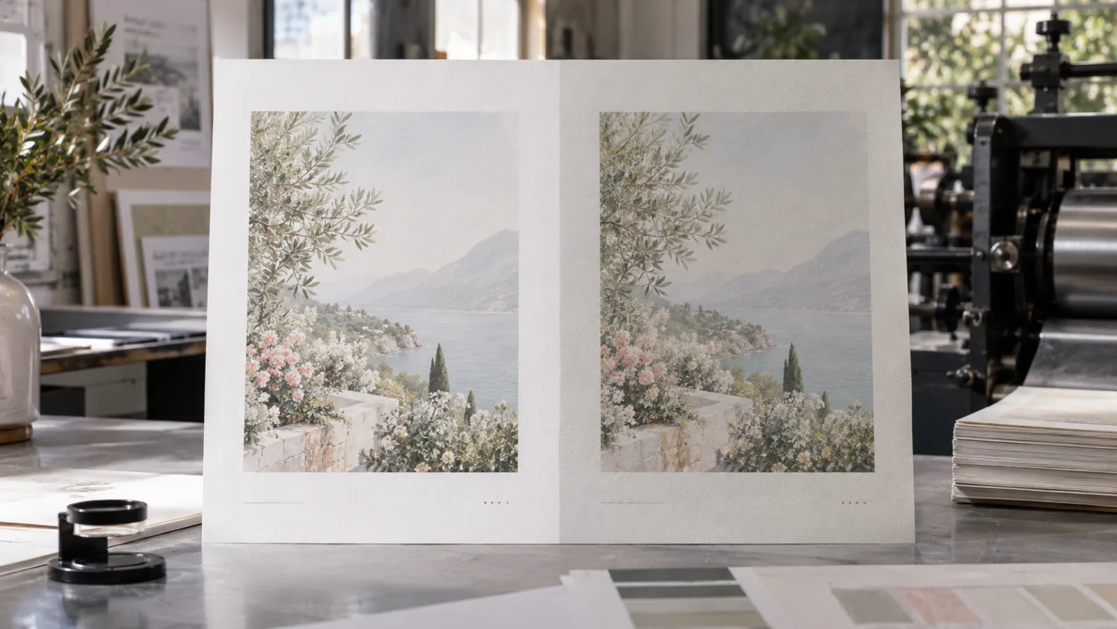 A press sheet standing on a bench carrying the same pale lakeside print twice, the left half on white lined board and bright, the right half on unlined board and visibly grayer through the sky, the flowers and the margin