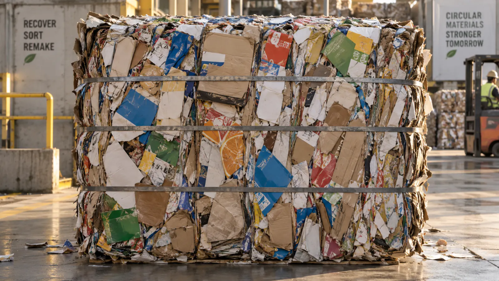 A banded bale of recovered paper standing on a wet yard floor, printed carton waste and brown board trim compressed into a block and held by three steel straps