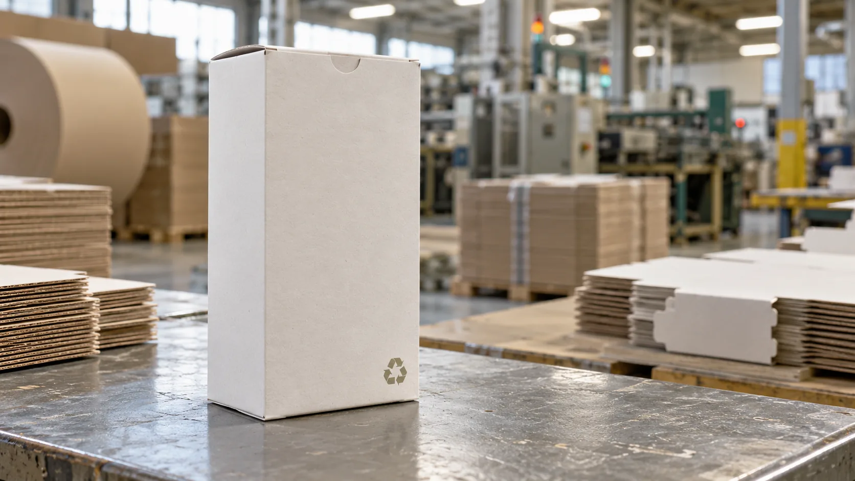 A plain white tuck-end carton with a small recycling mark, standing on a steel bench with stacked board blanks and a kraft reel behind.