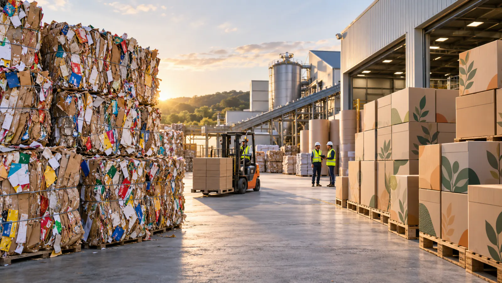 A plant yard at sunset with banded bales of recovered paper stacked on the left and printed cartons stacked on pallets on the right, a forklift and two workers in hard hats between them