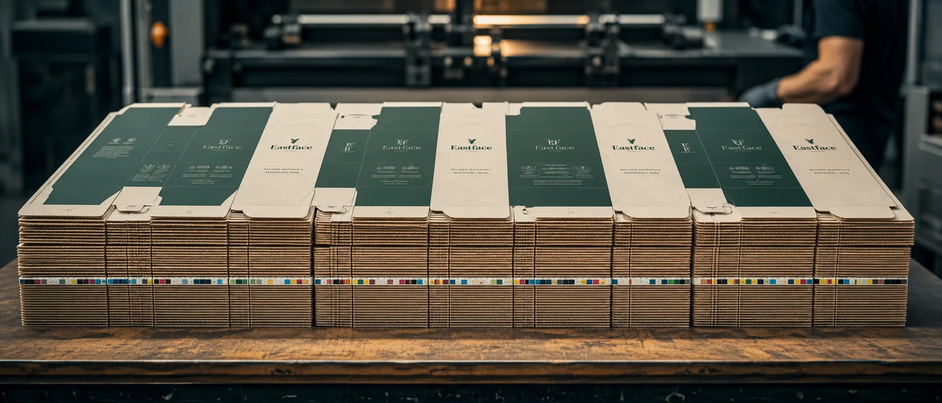 Stacks of printed flat carton blanks in green and cream lined up on a bench at the folder gluer, color bars along the front edge.