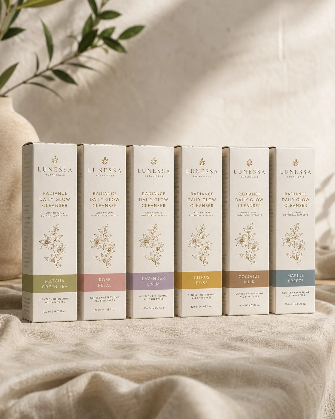 Six reverse tuck end cleanser cartons in one livery, each with a different color band at the foot, standing in a row on linen.
