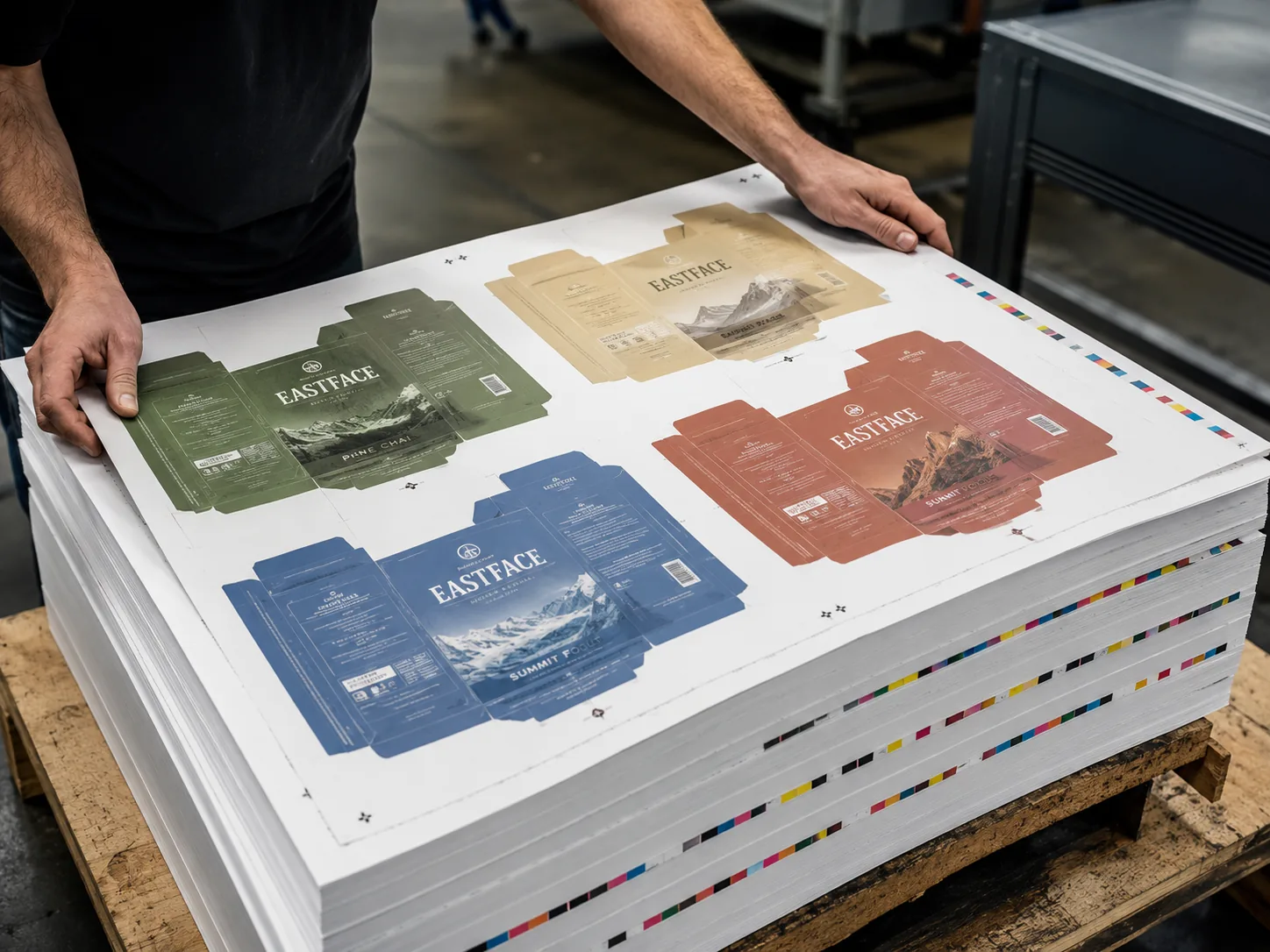 A press sheet of reverse tuck blanks in four flavor variants lifted from the delivery pile, color bars along the trailing edge.