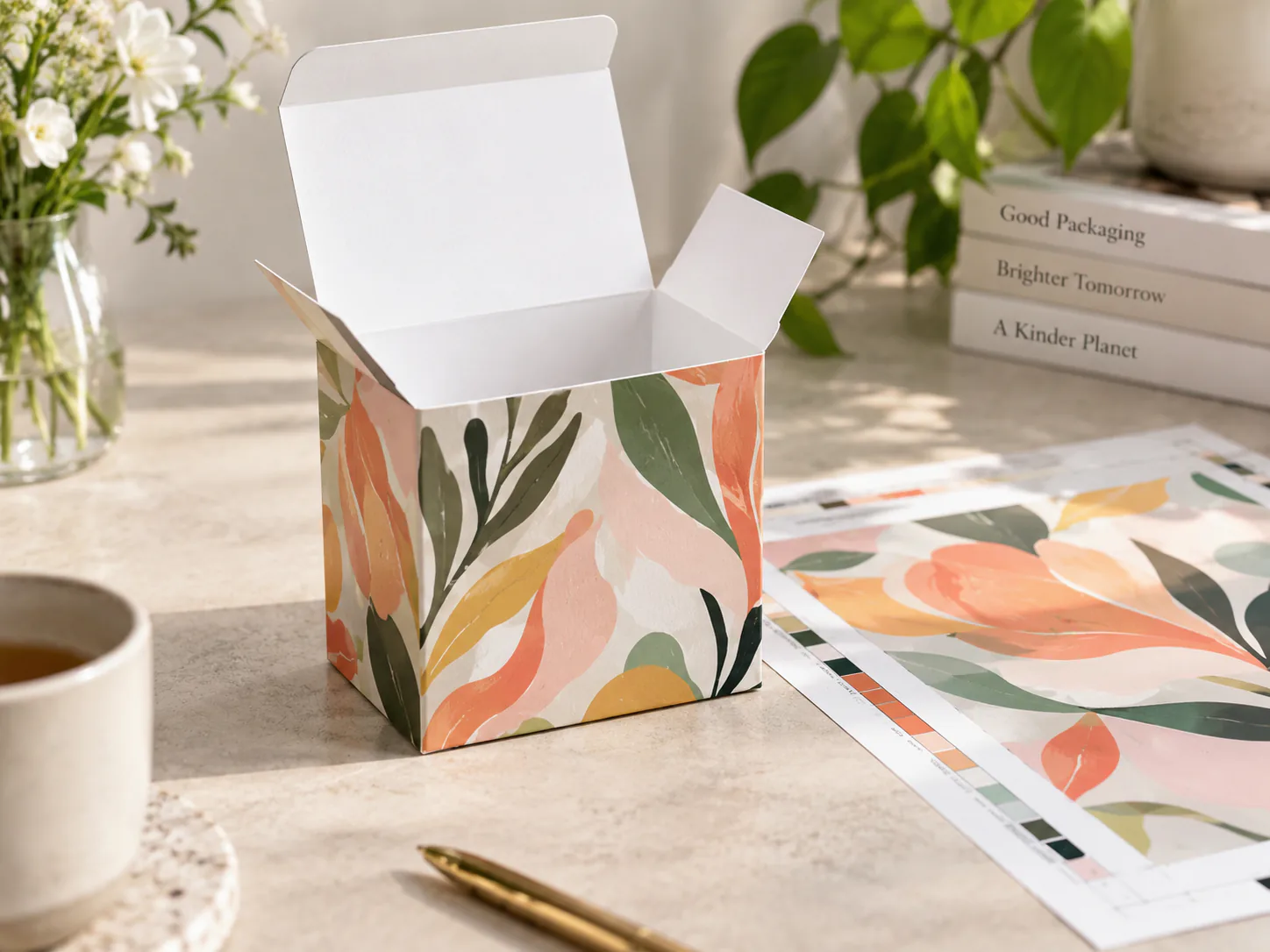 An open carton with a coral and green leaf print on a pale bench, its white interior turned to camera, beside a printed proof sheet of the same artwork with color bars