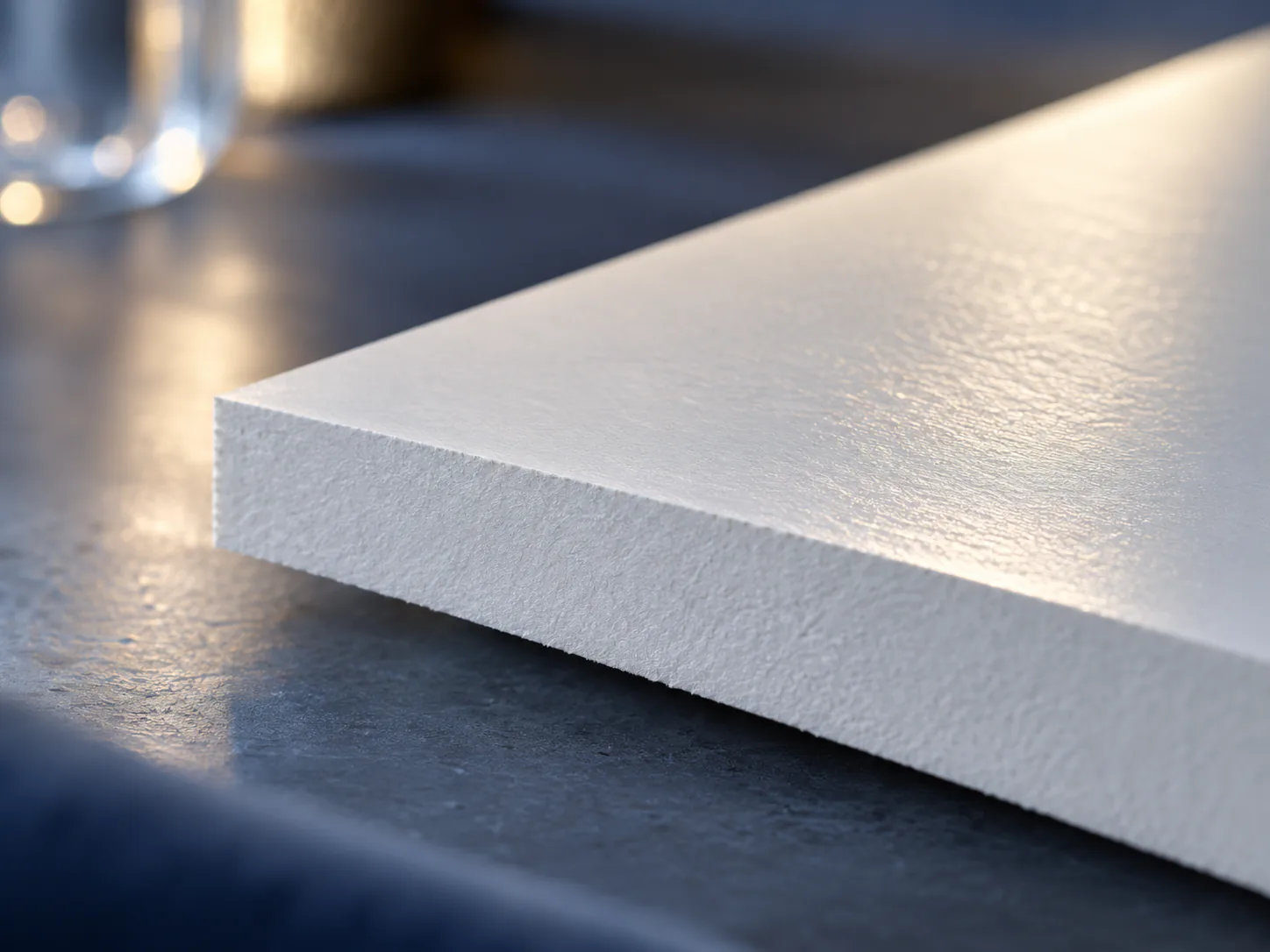 A cut edge of SBS paperboard at close range, the sheet white all the way through with no ply boundary, raking light across the coated face