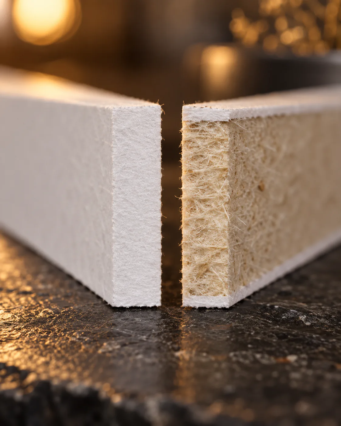 Two cut board edges facing each other on dark stone, SBS white through its whole thickness on the left and FBB with a thick cream fibrous middle ply between thin white outer plies on the right